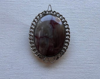 Vintage silver tone semi precious stone oval brooch