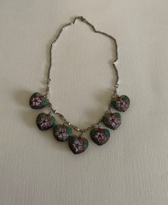 Vintage silver tone cloisonné flower heart charms… - image 1