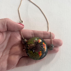 Vintage Cloisonné double sided purple bird, purple flower with green and orange background pendant necklace