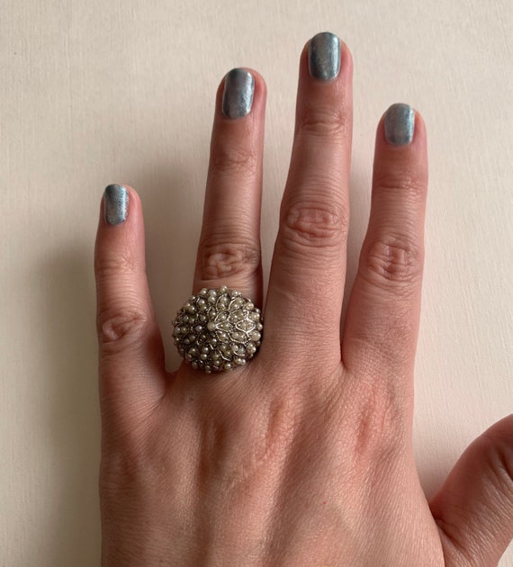 Vintage Silver Tone Faux Pearl Seed Cluster Chunky Ring Size