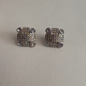 Vintage silver tone aurora borealis rhinestone squared clip on earrings
