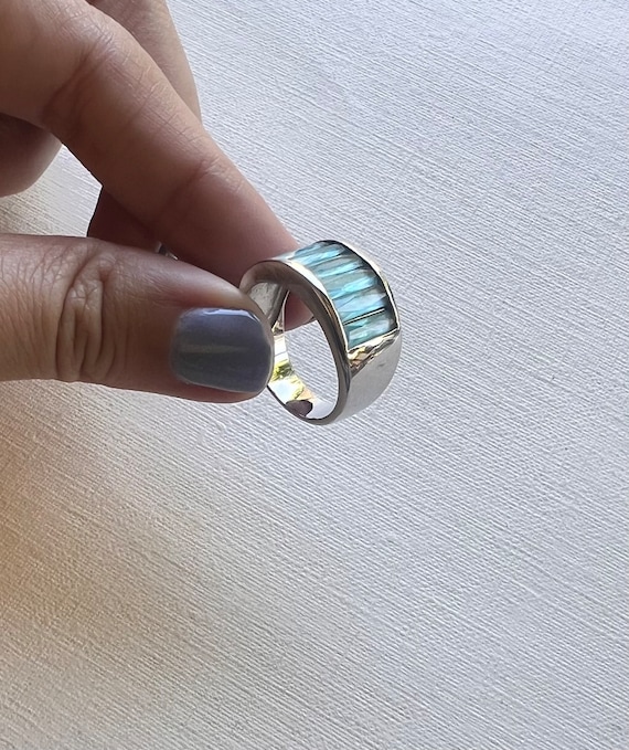 Vintage silver tone long rectangular light blue c… - image 3