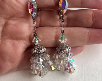 Vintage mid-century clear aurora borealis dangle clip on earrings