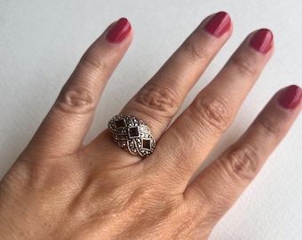 Vintage Avon Victorian Revival marcasite and amythest rhinestone ring in various sizes