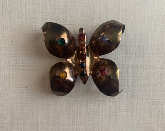 Broche Vintage Papillon En Métal Doré Et Strass - Sans Marque - Occasion