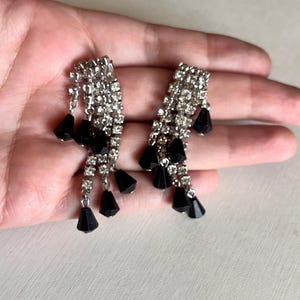 Vintage Art Deco Cascade Style Rhinestone Dangle Earrings with Black Crystal Beads – Retro Glam