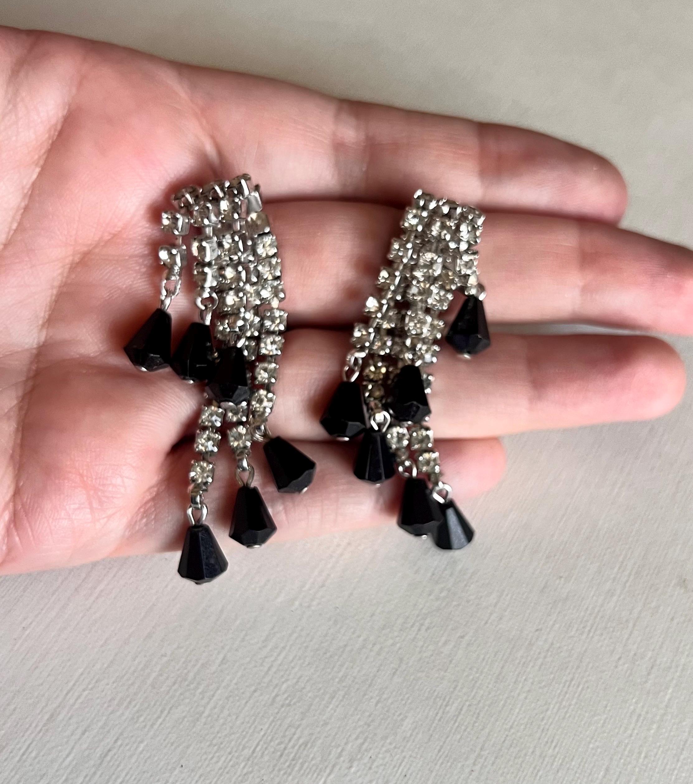 Vintage Black Rhinestone Chandelier Earrings - Art Deco Dangle Drop Statement Earrings For Special Occasions