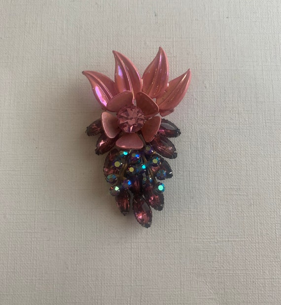 Vintage Selini pink resin flower with purple rhine