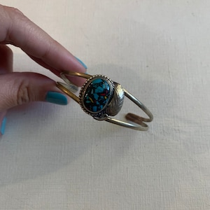 Vintage silver black jasper with blue chips cabochon cuff bracelet