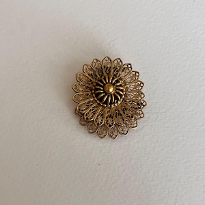 Puede incluir: Un broche circular de tono dorado con un intrincado diseño de filigrana metálica que irradia hacia afuera desde una cúpula central. El centro del broche está acentuado con una pequeña cuenta dorada lisa y elevada rodeada por radios metálicos.