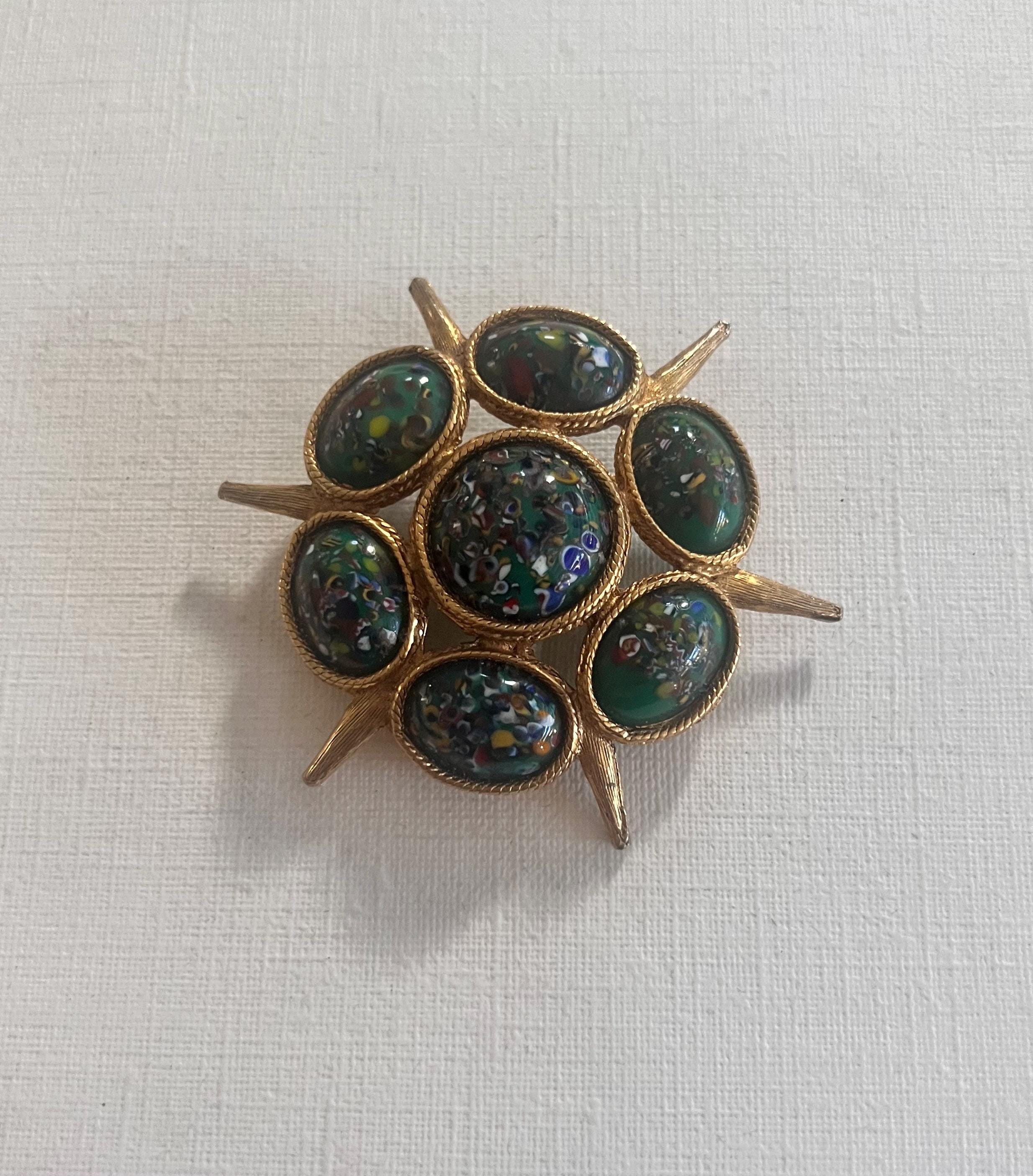 Broche Vintage Aux Chardons Cabochon Millefiori En Métal Argenté - Occasion