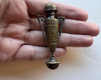 Vintage gold tone Greek vase with warrior scene brooch