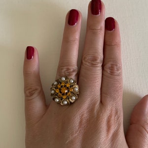 Vintage midcentury gold tone faux pearl and yellow rhinestone statement adjustable ring