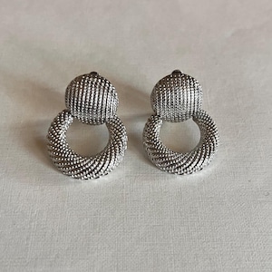 Vintage Mid-century silver tone textured door knocker clip on earrings