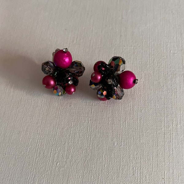 Vintage Vendome pink and smokey grey bead clip on earrings
