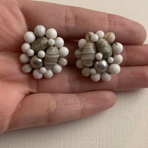 Vintage white and grey glass bead clip on earrings marked Japan