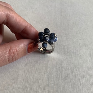 Vintage silver tone steel polished blue cha-cha bead ring size 7