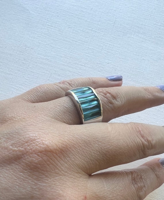 Vintage silver tone long rectangular light blue c… - image 4