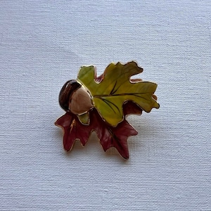 Vintage porcelain chestnut tree leaf brooch