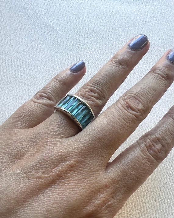 Vintage silver tone long rectangular light blue c… - image 2