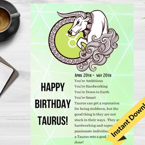 Happy Birthday Taurus Astrology Card Digital File Printable