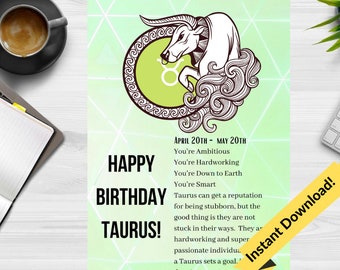 Happy Birthday Taurus Astrology Card Digital File Printable