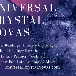 May include: A blue and purple background with a silhouette of a person with arms outstretched. The text "UNIVERSAL CRYSTAL NOVAS" is in white and the text "Psychic Readings- Intuitive Coaching -Spiritual Healing- Psychic Reports-Life Partner- Soulmate Readings- Past Life Readings & Much More! UniversalCrystalNovas.com" is in white.