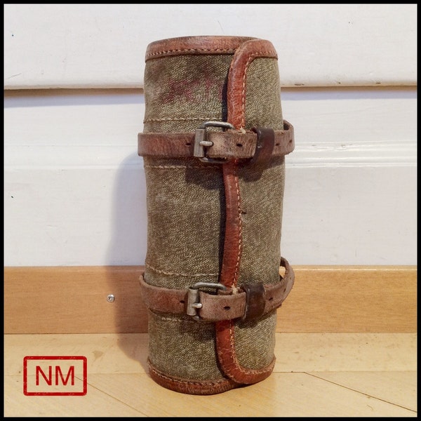Vintage Swiss Army Tool Roll -  Bag for Tools of the Swiss Military 1950s - Made of Leather and Canvas "Pepper and Salt"