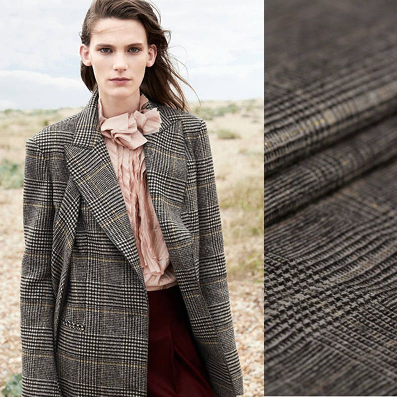 150CM Wide 320GM Check Print Thin Wool Golden Thread Fabric for Spring and Autumn Suit Dress Outwear Overcoat Jacket E625