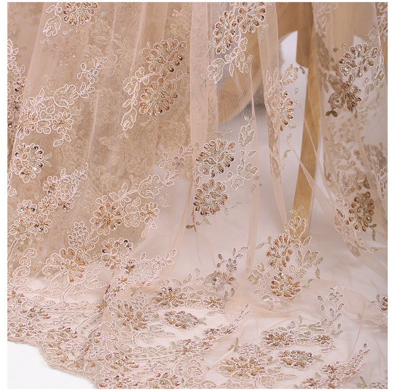 125CM Wide 300GM Weight Paillette Beading Acrylic Polyester Lace Fabric for Spring Summer Autumn Dress E634
