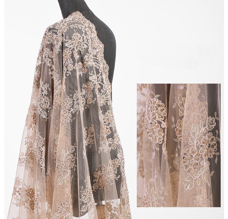 125CM Wide 300GM Weight Paillette Beading Acrylic Polyester Lace Fabric for Spring Summer Autumn Dress E634
