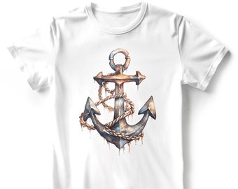 Camiseta de verão em aquarela Anchor. Camisetas inspiradas na praia. Tops da moda com vibrações náuticas. Camiseta Ocean Lover para mulheres, homens e crianças