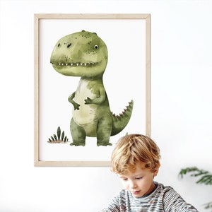 T-rex Dinosaur Wall Art Print, Dino Room Decor, Nursery Art, Prehistoric Watercolor Illustration, Boys&#39; Room Dinosaur Decor