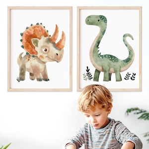 Set of 2 Dinosaur Prints, Brontosaurus and Triceratops Watercolor Art, Kids Room Wall Decor, Dinosaur Nursery Prints