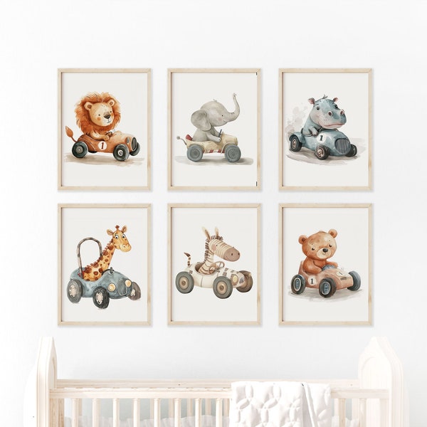 Set of 6 prints, Nursery set, Whimsical animals, Wall art set, Nursery art, Animals on race cars, Nursery decor, Wallart