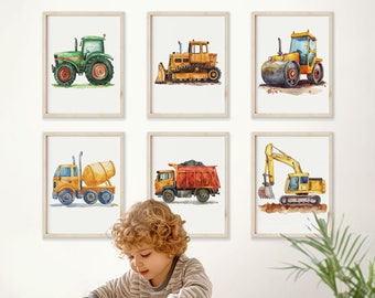 Construction Vehicle Prints: Watercolor Nursery Decor, Set of 6