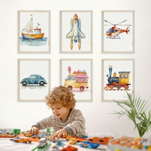 Peuter kamer kunst aan de muur, Boy Nursery Decor, voertuigen prints set, galerij muur, set van 6 prints, trein print, raket print, boot print