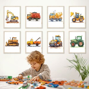 Set of 8 prints, Construction Vehicles Prints Set, Nursery set, Wall art set, excavator, dump truck, concrete mixer, bulldozer, tractor