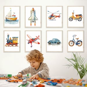 Set van 8 prints, kinderkamerset, muurkunstset, voertuigenprintset, vliegtuig, helikopter, boot, raket, fiets, fiets, auto en stoomtrein