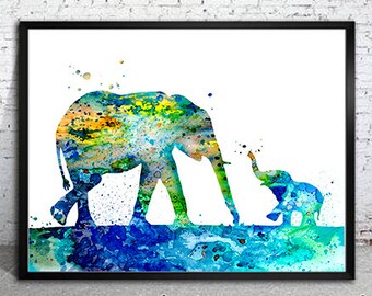 Mom and Baby Elephant print, Watercolor print, Animal art,  Art Print, Illustration, Art gifts, Wall decor