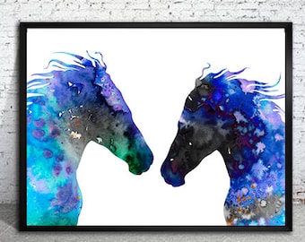 Chevaux en amour imprimer, art cheval, peinture à l’aquarelle, art de l’aquarelle, Illustration, home déco, art mural, art animalier, affiche de cheval