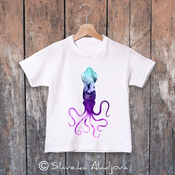 Squid kids T-shirt, colorful ring spun Cotton 100%, watercolor print T shirt, T shirt art, boys and girls clothing, vivid colors