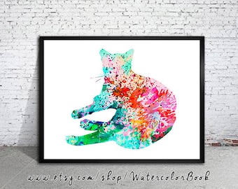 Colorful Cat Watercolor Print, Fine Art Print, Children's Wall, Art Home Decor, cat watercolor, watercolor painting, watercolor animal,