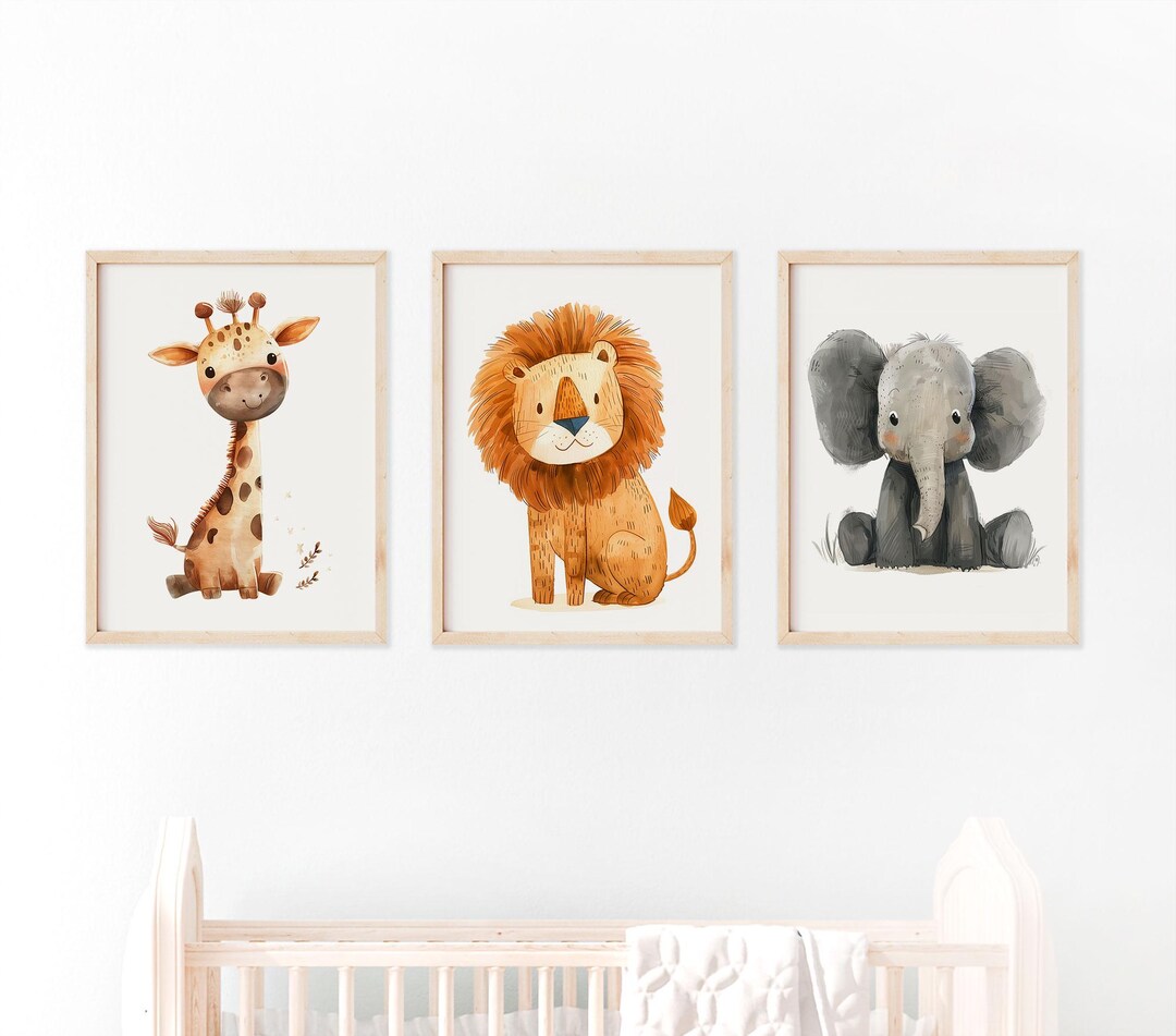 Set of 3 Safari Animal Prints - Lion, Giraffe, Elephant - Perfect Kids ...