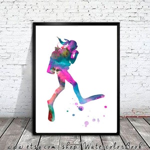 Scuba diving girl Watercolor painting Print, Scuba diving ART, diver PRINT, sport Art, Home Decor, sport print, watercolor painting,