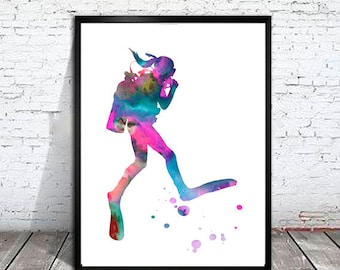 Aquarel kunstafdruk duiken meisje: sport woondecoratie
