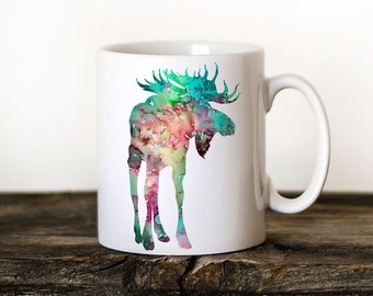 Moose Mug Watercolor Ceramic Mug Unique Gift Bird Coffee Mug Animal Mug Tea Cup Art Illustration Cool Kitchen Art Printed Moose