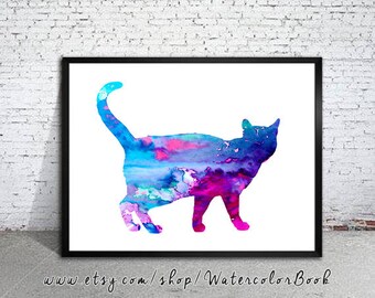 Blue Cat Watercolor Print, cat art, cat print, cat watercolor, watercolor painting, watercolor animal, cat poster, animal print
