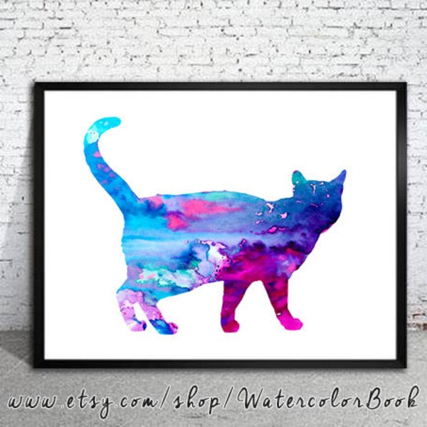 Impresión artística de acuarela de gato azul: decoración moderna para el hogar