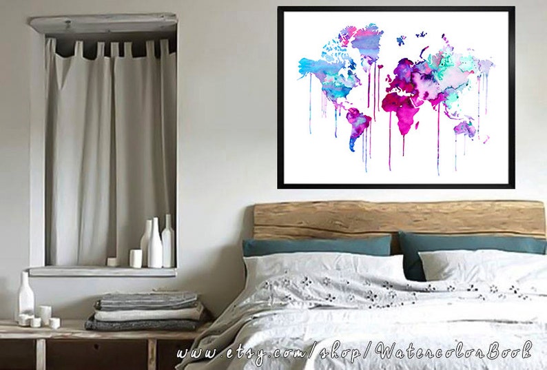 Blue Purple WATERCOLOR MAP Map art watercolor painting, World Map Handmade poster Watercolor poster Watercolor Painting home decor